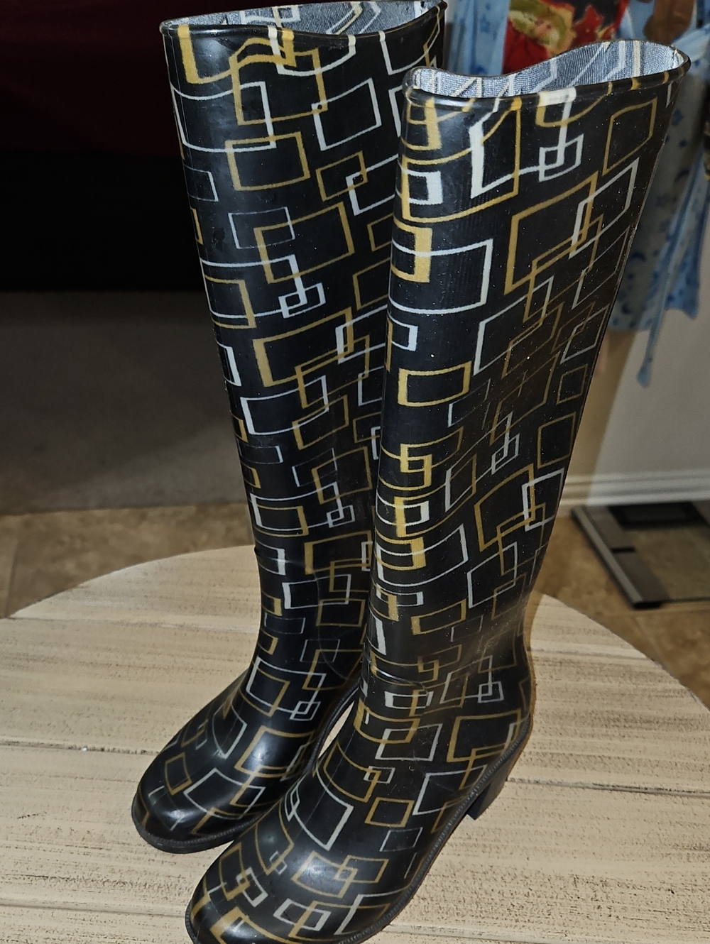 Women's Black Geometric Rain Boots - Gold & White Accents